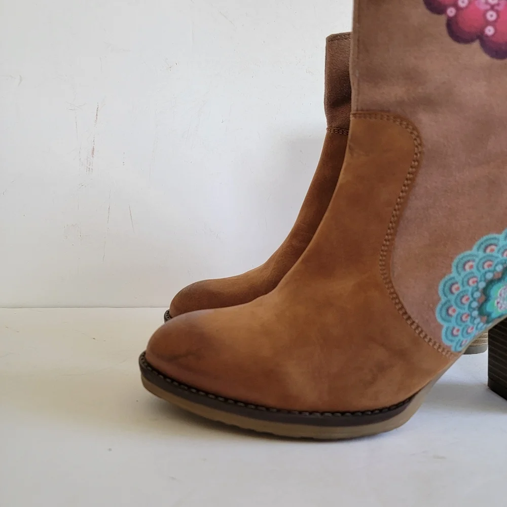 Desigual Tan Suede Ankle Boots Size 41 US 10 Boho Pink Turquoise Floral Eclectic